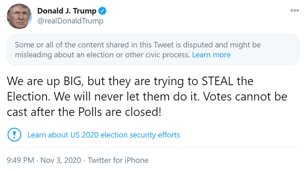 An Election Night tweet by President Trump was flagged by the platform for being misleading