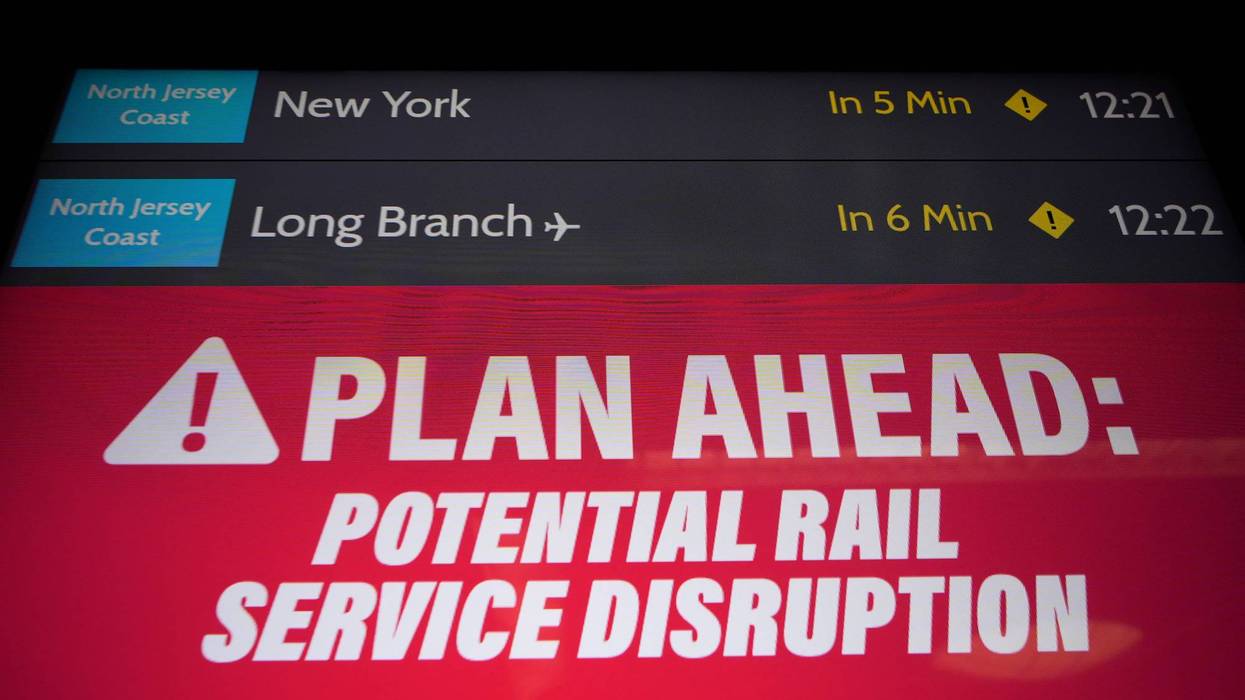 An electronic display advises commuters of potential NJ Transit service disruptions at the Secaucus Junction station in Secaucus, N.J., May 14, 2025.