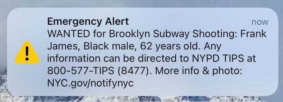 An emergency alert was sent to phones across the city as the NYPD searches for Frank James