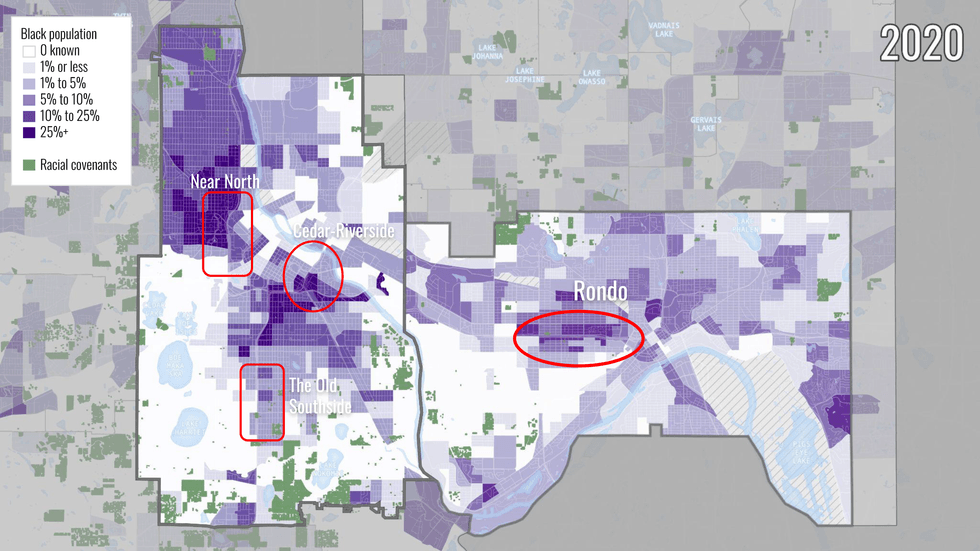 An example of what aMap showing the Black population in Minneapolis and Saint Paul in 2020, with racial covenants overlaid. racial covenant could look like with clear racist language preventing Black people from owning the property.