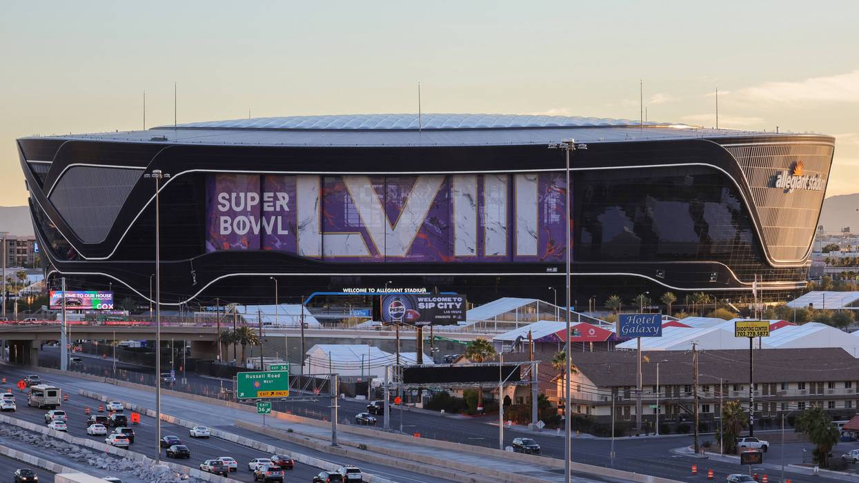 An exterior view shows signage for Super Bowl LVIII at Allegiant Stadium on Jan. 30, 2024, in Las Vegas, Nevada. The game will be played on Feb. 11, 2024, between the Kansas City Chiefs and the San Francisco 49ers.