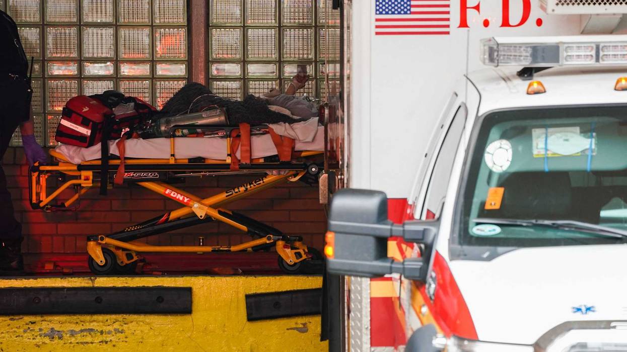 An FDNY ambulance delivers a person in need of medical attention to Wyckoff Hospital in the Bushwick section of Brooklyn on April 5, 2020, in New York.