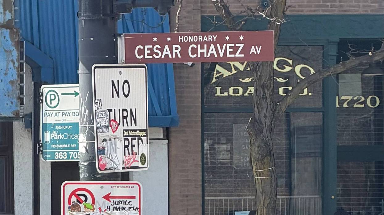 An honorary street sign honoring Cesar Chavez on Blue Island Ave. north of 18th Street in Chicago's Pilsen neighborhood.