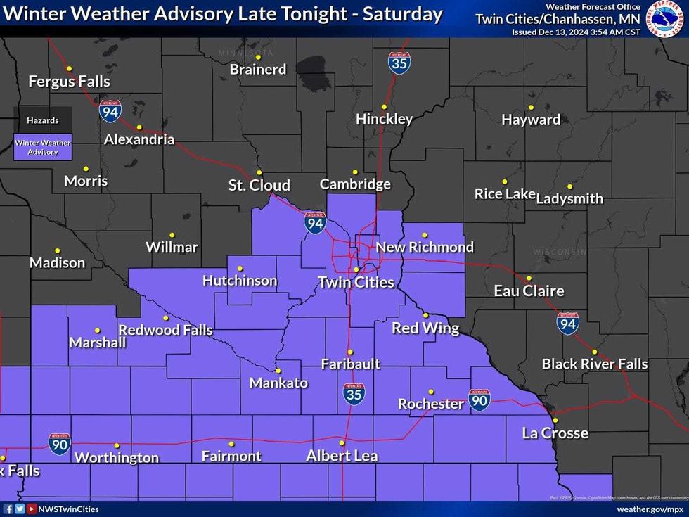 An icy wintry mix of snow, sleet, and freezing drizzle develops tonight through Saturday. A Winter Weather Advisory has been issued for much of central and southern MN where icy roads & untreated surfaces are expected.