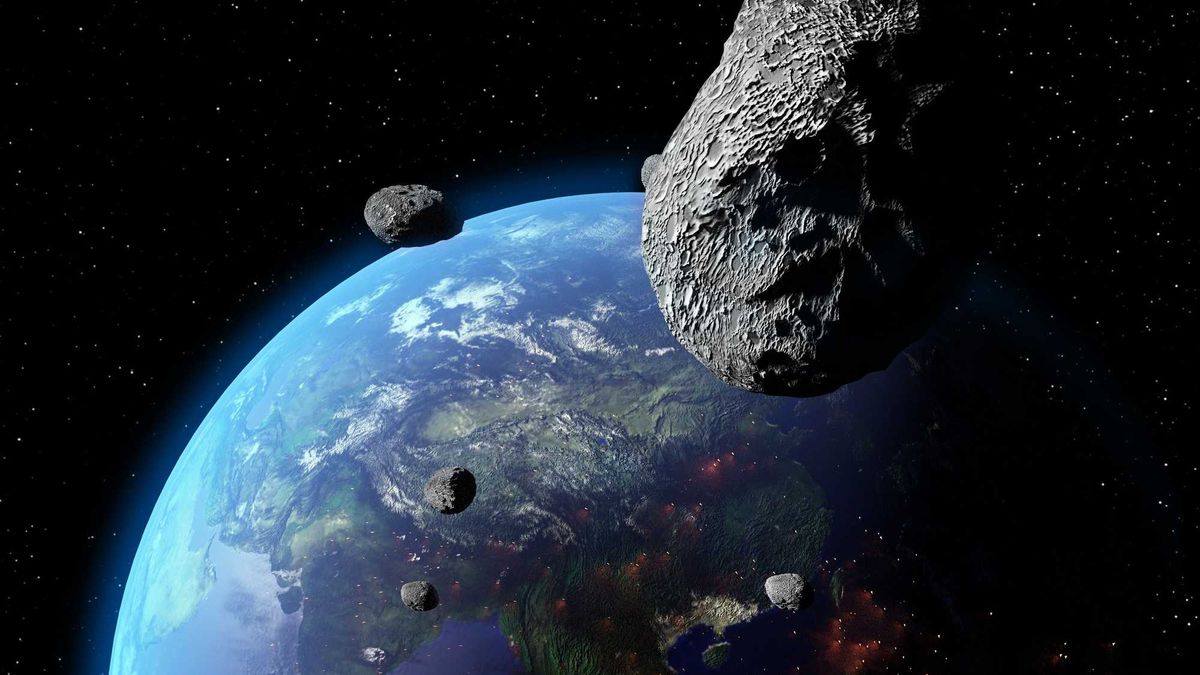 An illustration of asteroids approaching Earth. Earth land and clouds texture maps courtesy of NASA.gov