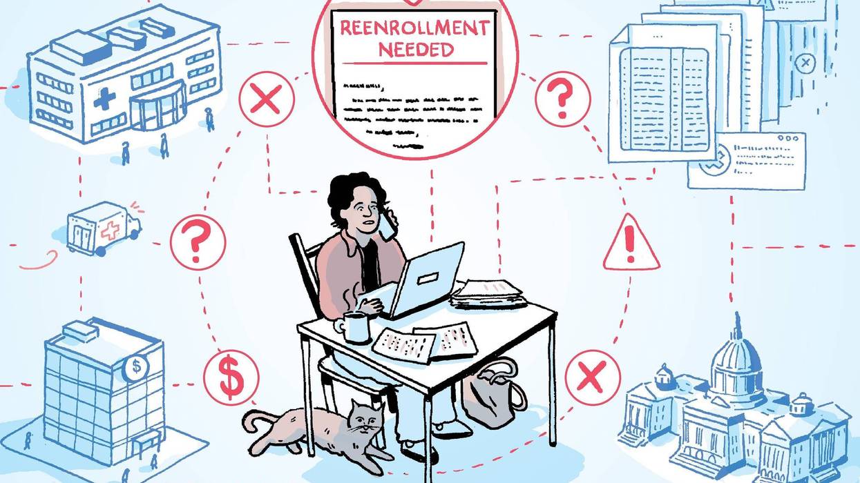 An illustration showing confusion around the Medicaid reenrollment process.