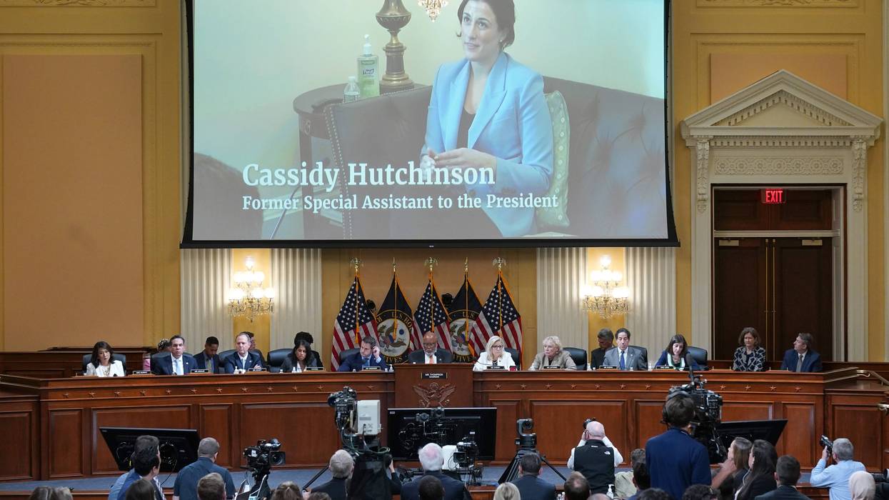 An image of Cassidy Hutchinson is shown during the fifth hearing held by the Select Committee to Investigate the January 6th Attack on the U.S. Capitol on June 23, 2022 in the Cannon House Office Building in Washington, D.C.