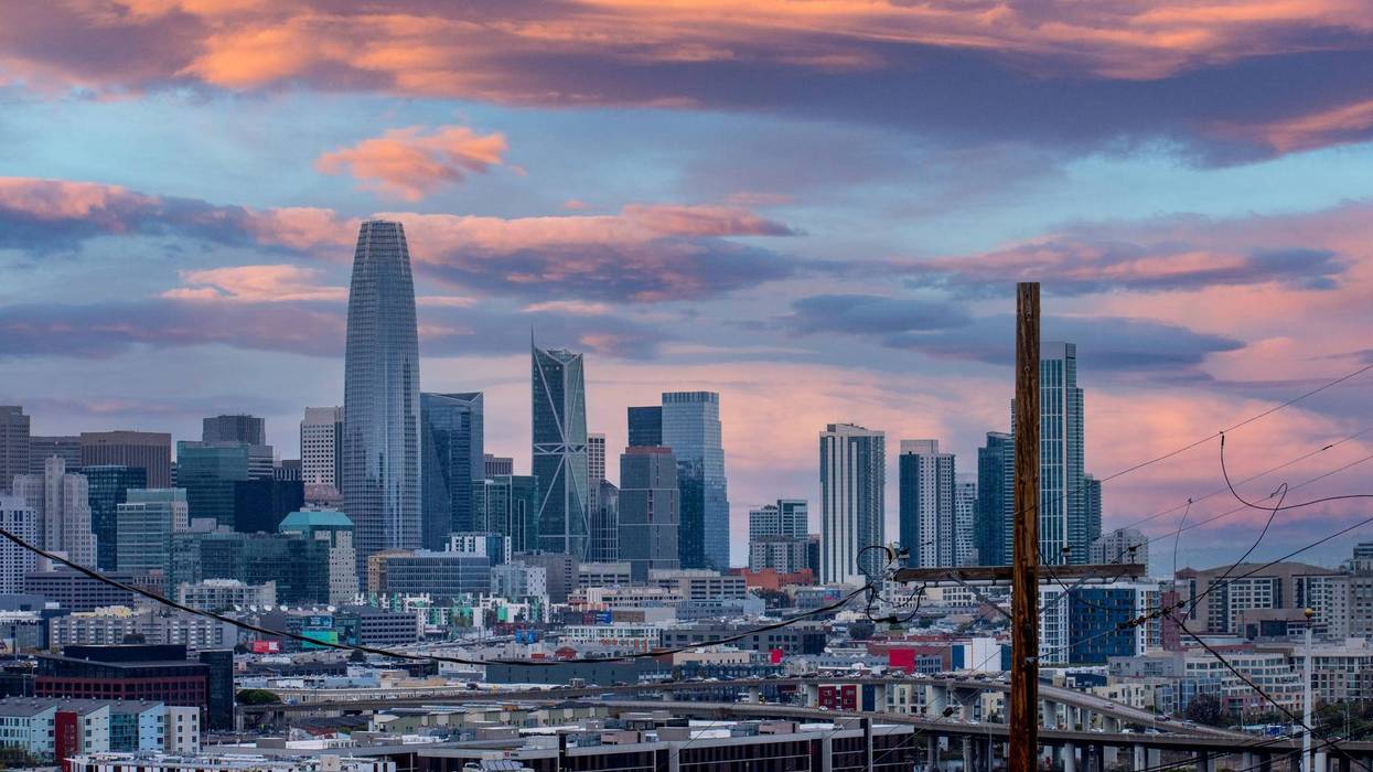 An image taken from Potrero Hill, looking towards Downtown San Francisco, California on a stormy day near sunset.
