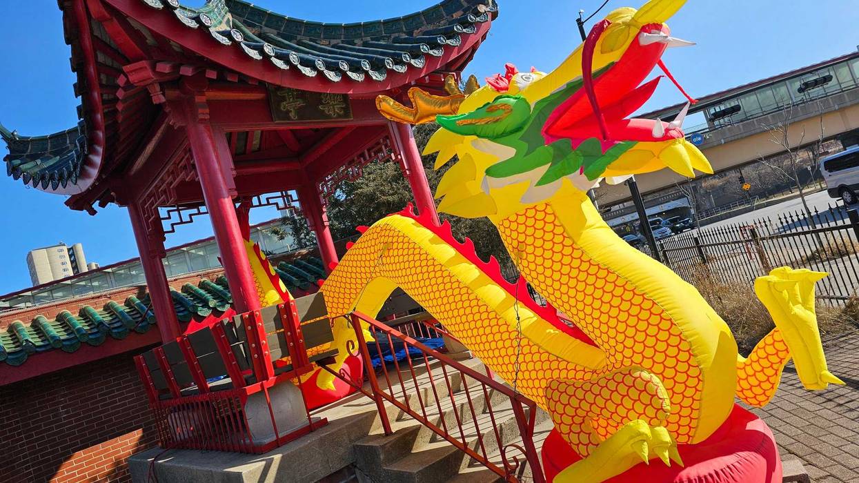 An inflatable dragon rests in Chicago's Chinatown neighborhood