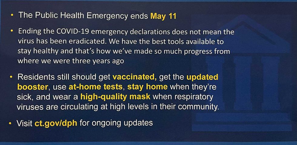 An infographic presented by the CT Dept. of Public Health labeled "Next Steps Towards the New Normal," presented at a news conference, 5/10/23