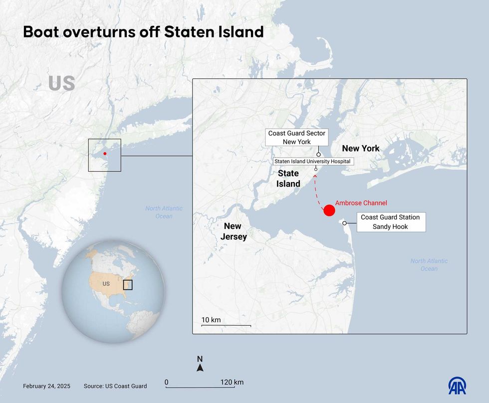 An infographic shows where a boat capsized between Staten Island and Queens on Feb. 23, 2025