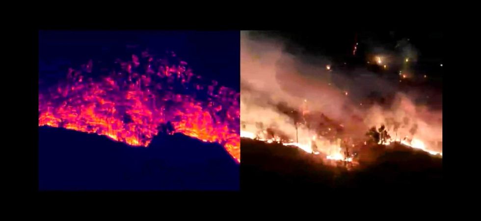 An infrared nighttime drone image of the Jennings Creek wildfire that broke containment lines on Nov. 17, 2024.