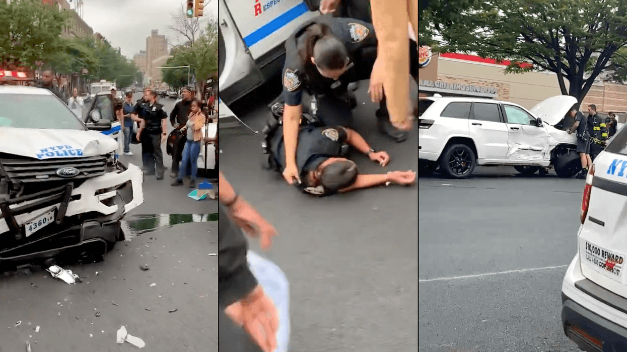 An NYPD cruiser and a Jeep Cherokee collided Monday evening in Mott Haven, leaving two officers and a driver injured