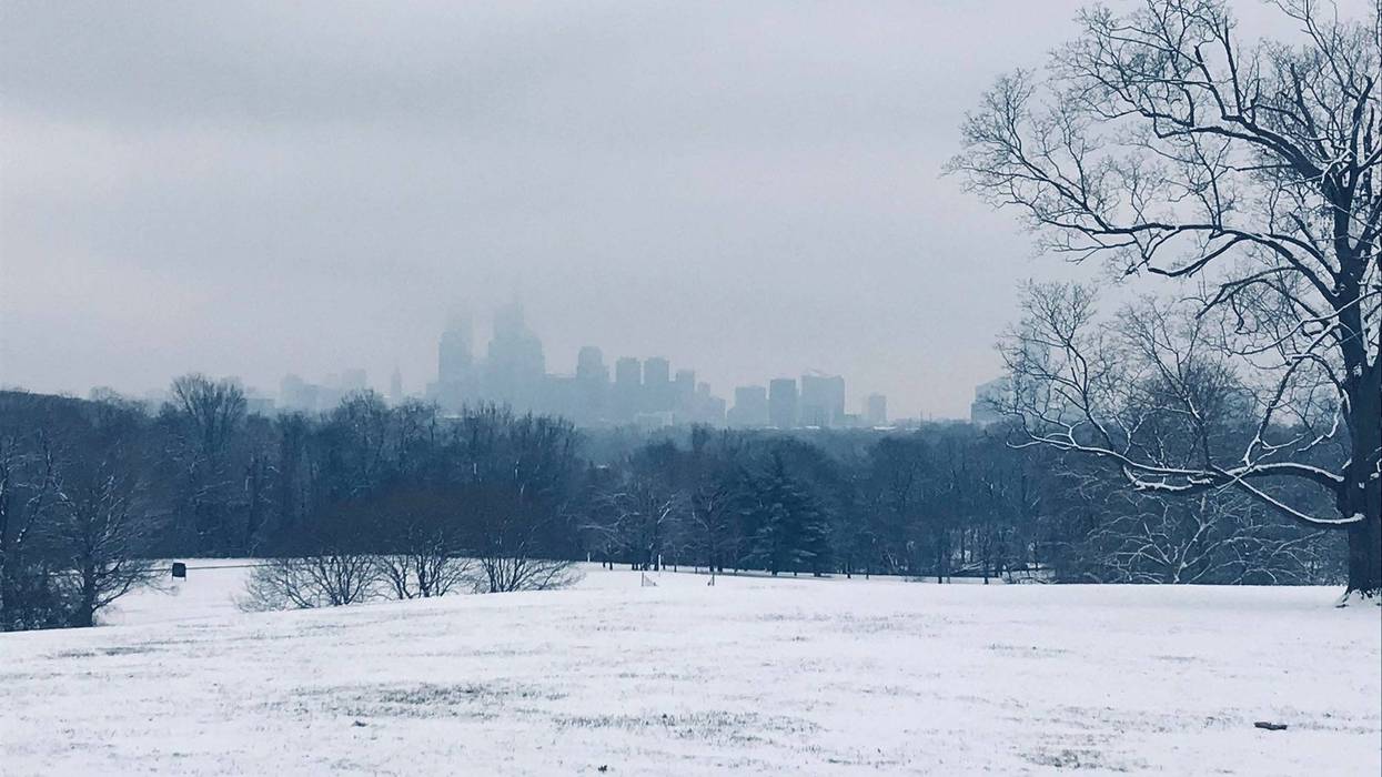 An ominous Philadelphia skyline as seen from Belmont Plateau in Fairmount Park.