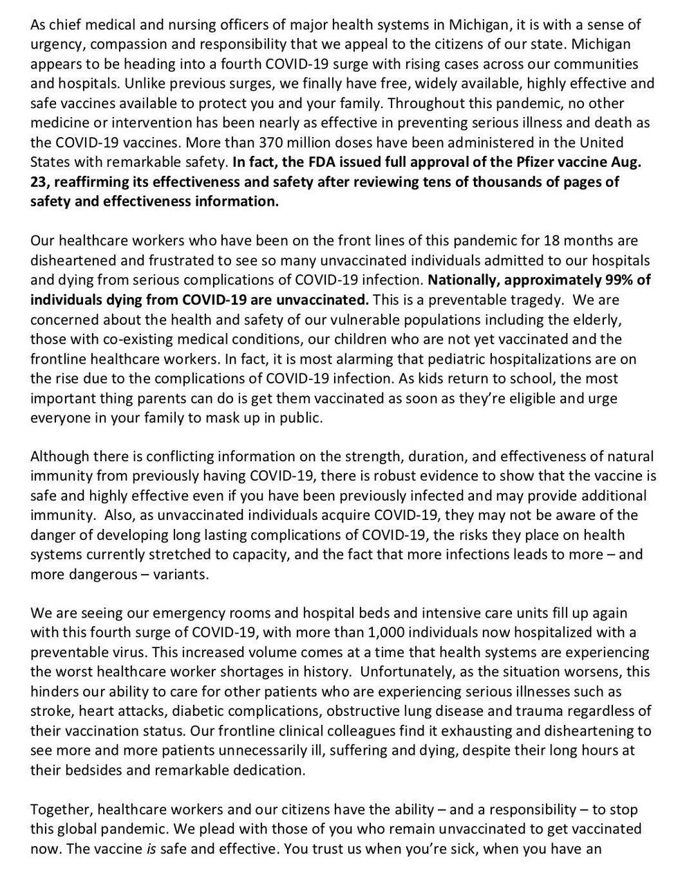An open letter urges Michiganders to get vaccinated before it