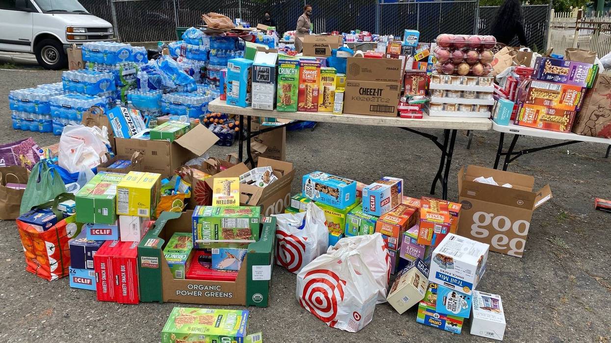 An overflow of supplies for protesters at a collection spot in Oakland.