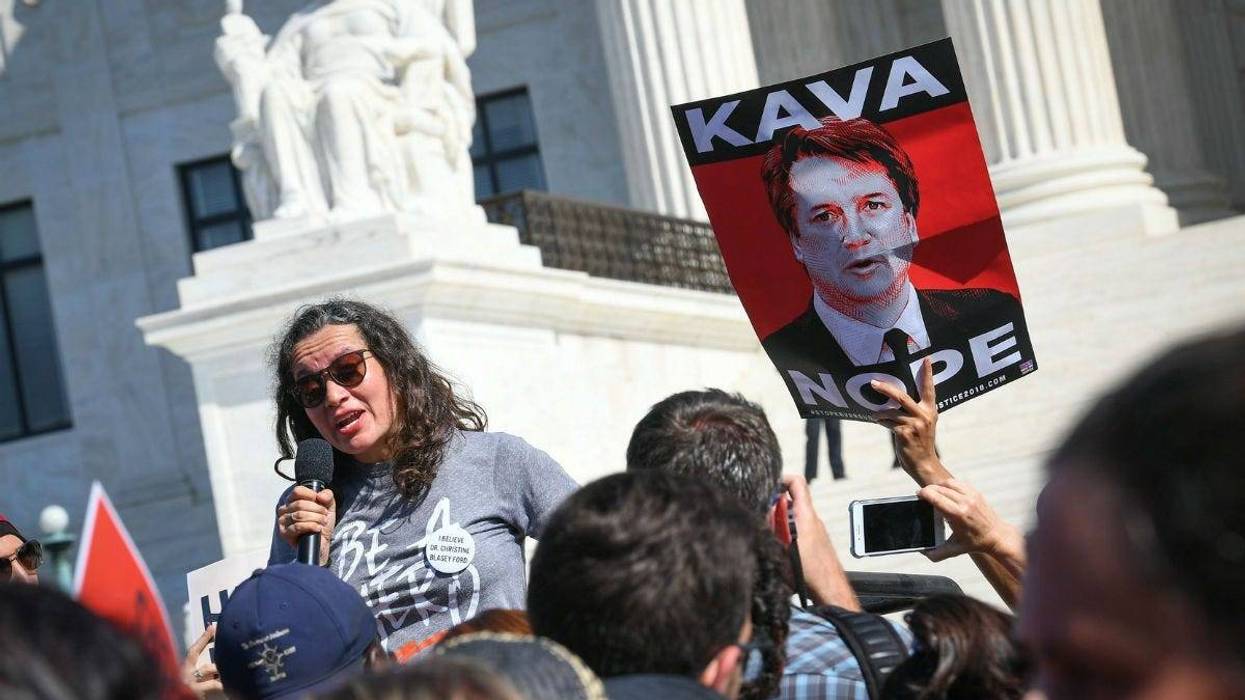 Ana Maria Archila, one of the two women who confronted Arizona Sen. Jeff Flake, speaks at the protest against Brett Kavanaugh in front of the United States Supreme Court, Thursday, Oct. 4, 2018.