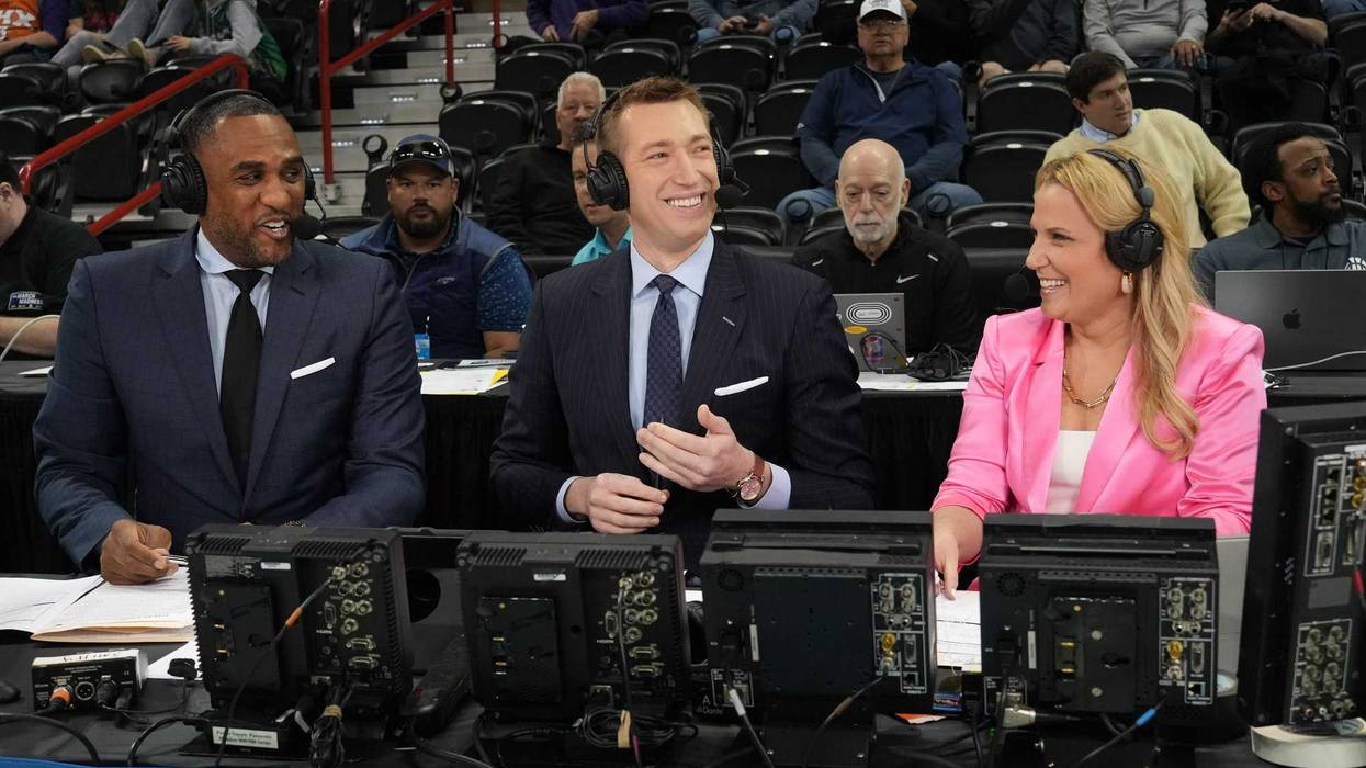 Analysts Steve Smith and Robbie Hummel alongside play by play announcer Lisa Byington call a game in the NCAA Tournament.