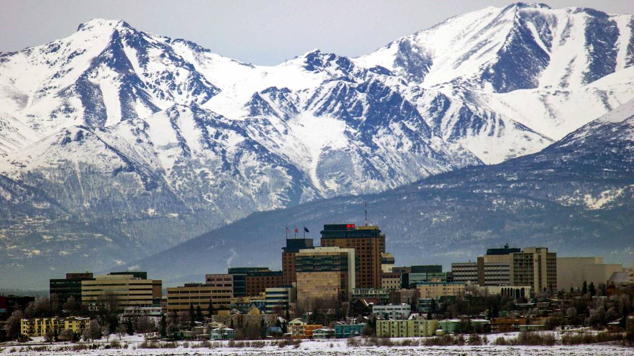Anchorage, Alaska skyline with the Chugach Mountains in the background.