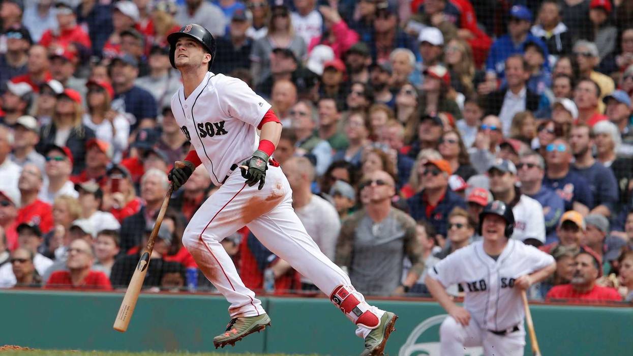 Andrew Benintendi hitting a triple at Fenway on 5/28 against the Blue Jays