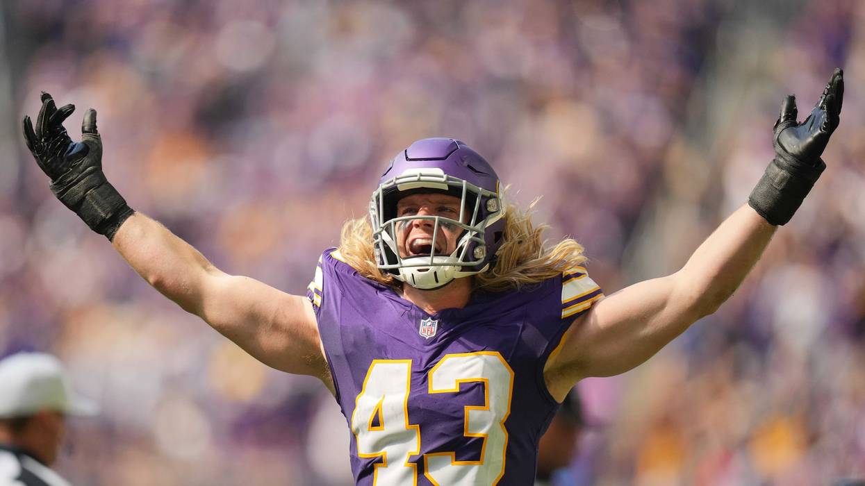 Andrew Van Ginkel #43 of the Minnesota Vikings celebrates after a sack during the second quarter against the Houston Texans at U.S. Bank Stadium on September 22, 2024 in Minneapolis, Minnesota.