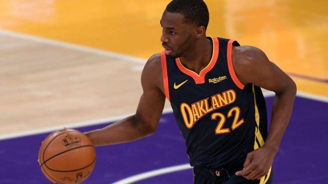 Andrew Wiggins #22 of the Golden State Warriors controls the ball during a 117-91 Los Angeles Lakers win at Staples Center on February 28, 2021 in Los Angeles, California.