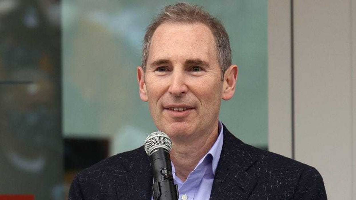 Andy Jassy the CEO of Amazon speaks at the ceremonial ribbon cutting prior to tomorrow's opening night for the NHL's newest hockey franchise the Seattle Kraken at the Climate Pledge Arena on October 22, 2021 in Seattle, Washington.