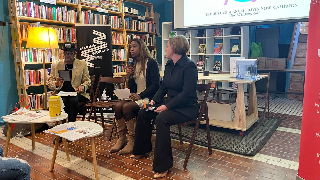 Angel Davis (center), with attorney Bethany Nikitenko (right) and friend Asantewaa Nkrumah-Ture, at Making Worlds Bookstore in West Philly.