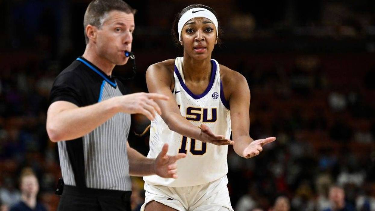 Angel Reese #10 of the LSU Lady Tigers reacts to a call against the Ole Miss Rebels in the third quarter during the semifinals of the SEC Women's Basketball Tournament at Bon Secours Wellness Arena on March 09, 2024 in Greenville, South Carolina. (Photo by Eakin Howard/Getty Images)