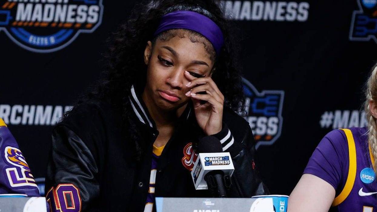 Angel Reese #10 of the LSU Tigers speaks with the media after losing to the Iowa Hawkeyes 94-87 in the Elite 8 round of the NCAA Women's Basketball Tournament at MVP Arena on April 01, 2024 in Albany, New York.