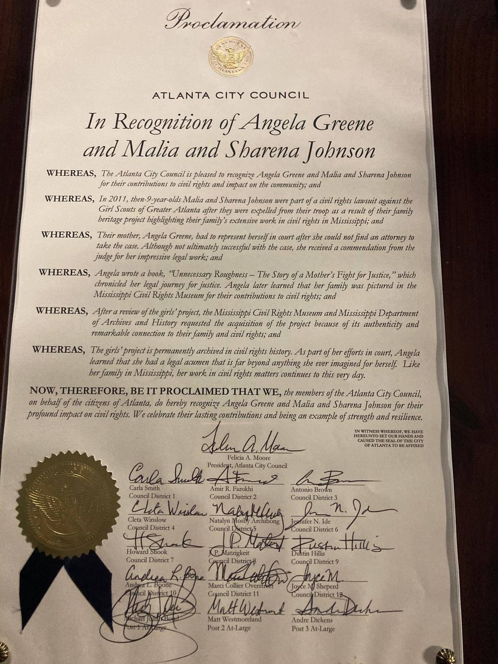 Angela Greene and Her Daughters Receive A Proclamation From the City of Atlanta for their hard word and dedication to civil justice