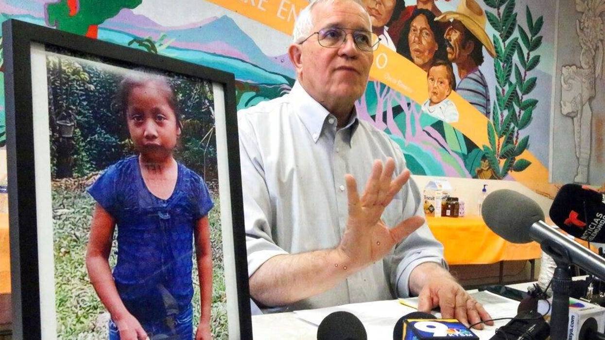 Annunciation House director Ruben Garcia answers questions from the media after reading a statement from the family of Jakelin Caal Maquin, pictured at left, during a press briefing at Casa Vides in downtown El Paso, Texas.