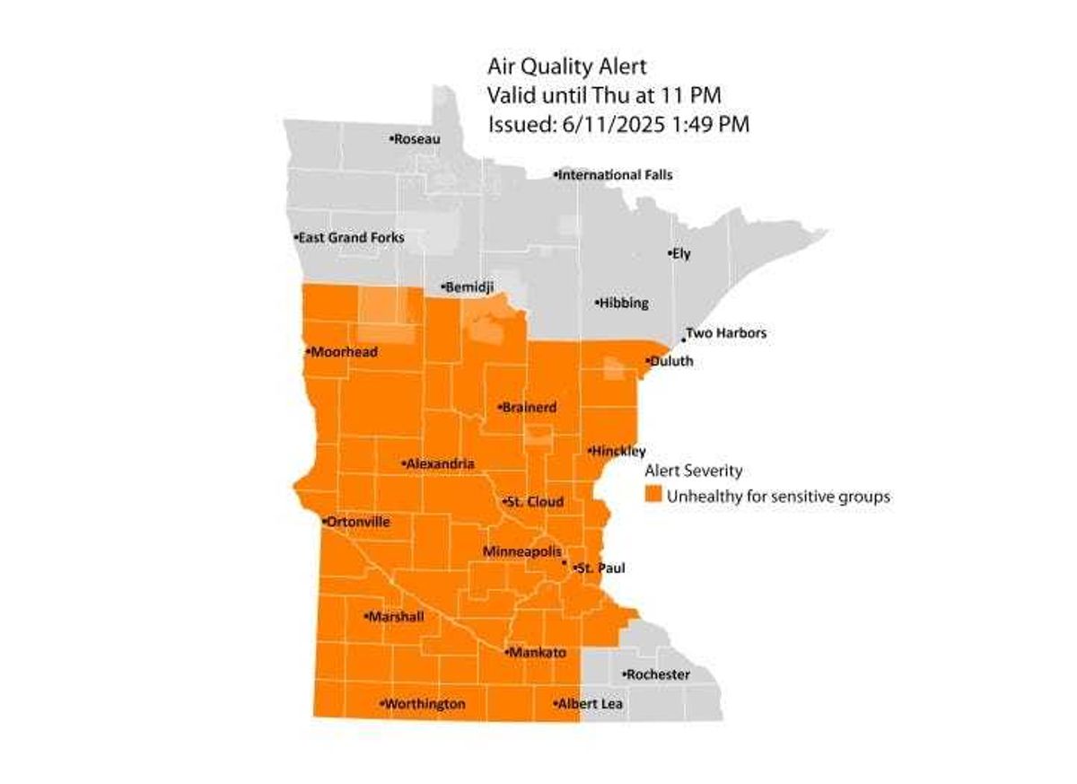 Another Air Quality Alert has been issued a large portion of the state until 11:00 p.m. Thursday for much of the central and south Minnesota.
