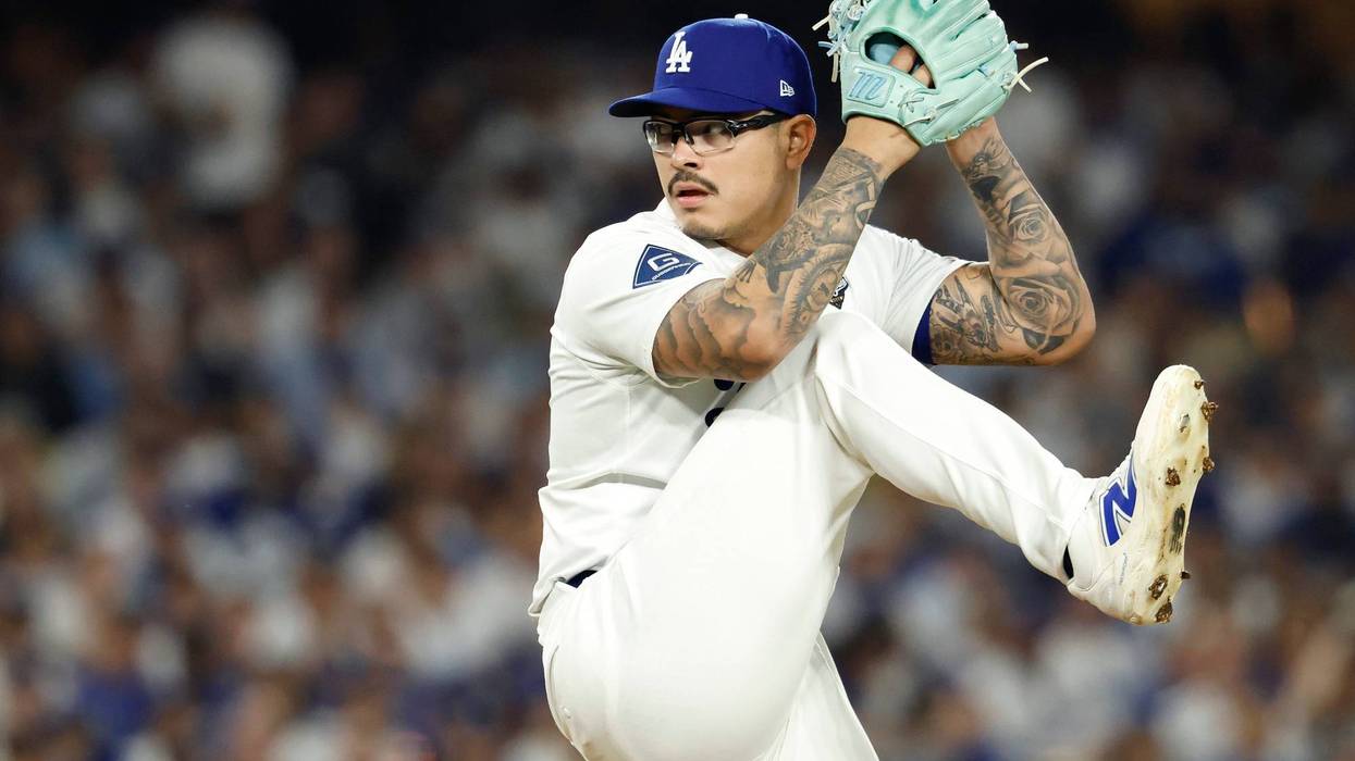 Anthony Banda #43 of the Los Angeles Dodgers throws a pitch in the seventh inning against the Toronto Blue Jays in game four of the 2025 World Series at Dodger Stadium on October 28, 2025 in Los Angeles, California.
