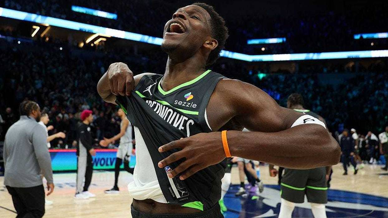 Anthony Edwards #5 of the Minnesota Timberwolves celebrates the win against the San Antonio Spurs after the game at Target Center on January 11, 2026 in Minneapolis, Minnesota.