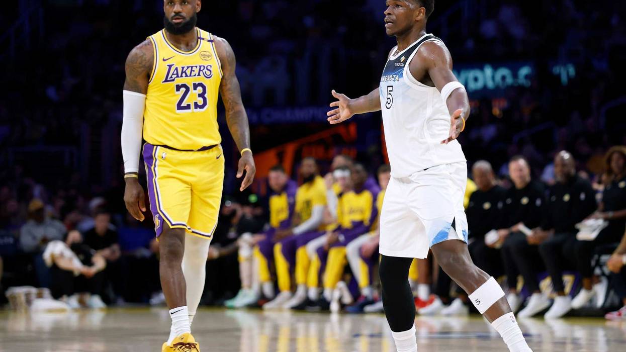 Anthony Edwards #5 of the Minnesota Timberwolves reacts as he guards LeBron James #23 of the Los Angeles Lakers during a 111-102 Lakers win at Crypto.com Arena on February 27, 2025 in Los Angeles, California.
