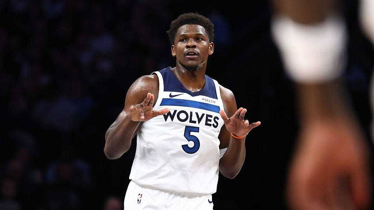 Anthony Edwards #5 of the Minnesota Timberwolves reacts during the first half against the Cleveland Cavaliers at Target Center on January 08, 2026 in Minneapolis, Minnesota.