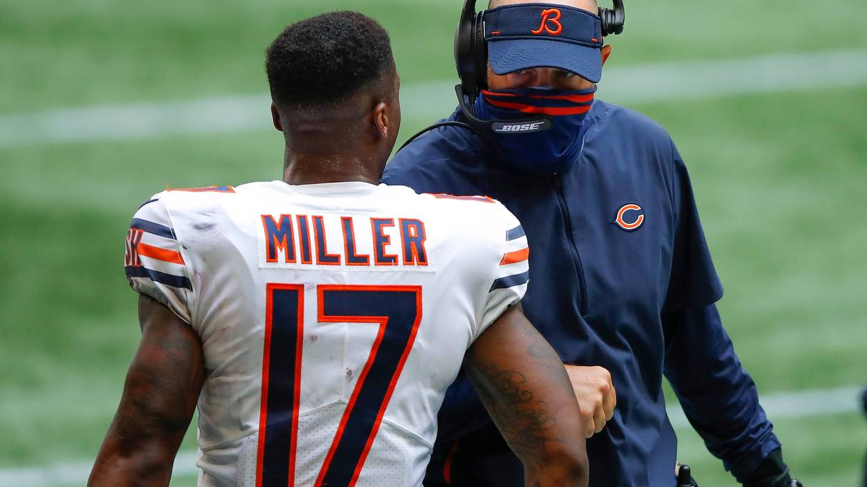Anthony Miller #17 of the Chicago Bears reacts with head coach Matt Nagy in the fourth quarter of an NFL game against the Atlanta Falcons at Mercedes-Benz Stadium on September 27, 2020 in Atlanta, Georgia.