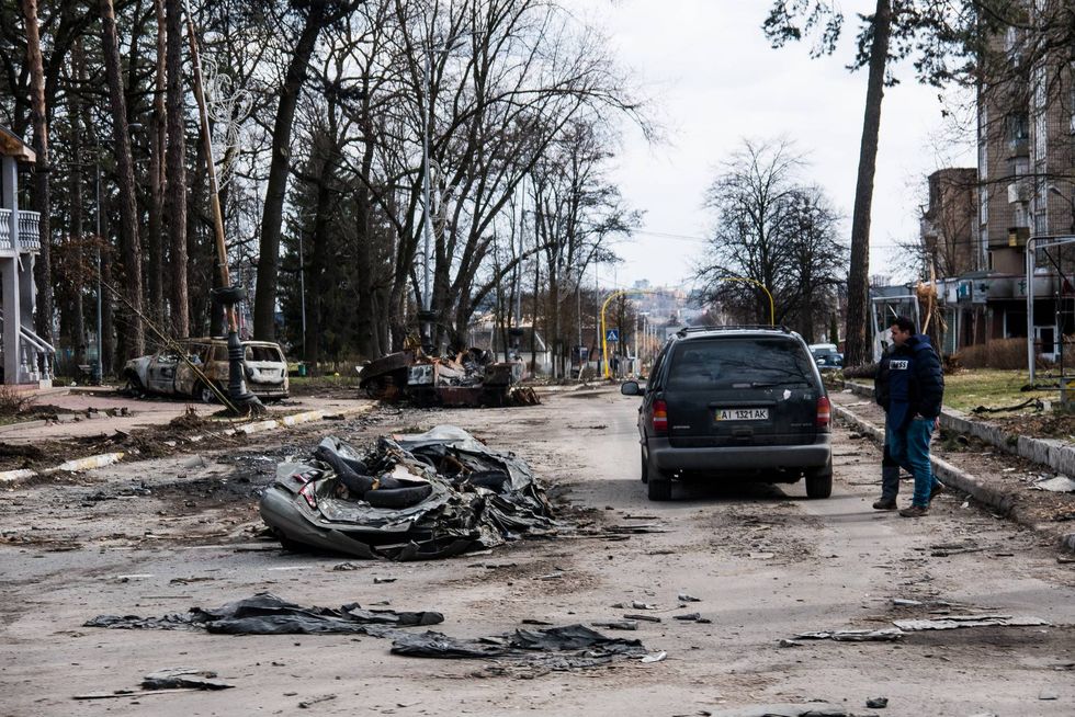 Anton Dmitruk, a Kyiv resident and photographer, set out on April 4, 2022 to photograph the damage done by Russians in their invasion of Ukraine. While visiting several destroyed cities he said he saw and photographed destroyed buildings, unexploded russian rockets, bloodied streets and haunting images of dogs laying in the streets, starved or shot to death for seemingly no reason, he said.