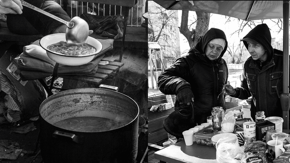 Anton Dmitruk, a Kyiv resident and photographer, set out on April 4, 2022 to photograph the damage done by Russians in their invasion of Ukraine. While in Bucha, Ukraine, he meant several surivors who insisted he have a bowl of borscht before they share their stories with him.
