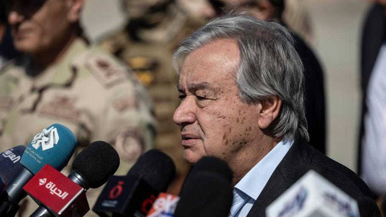 Antonio Guterres Secretary-General of the United Nations speaks during a press conference in front of the Rafah border crossing on October 20, 2023 in North Sinai, Egypt. The aid convoy, organized by a group of Egyptian NGOs, set off Saturday 14th October from Cairo for the Gaza-Egypt border crossing at Rafah. On October 7th, the Palestinian militant group Hamas launched a surprise attack on border communities in southern Israel, spurring the most violent flare-up of the Israel-Palestine conflict in decades. Israel launched a vast bombing campaign in retaliation and has warned of an imminent ground invasion. (Photo by Mahmoud Khaled/Getty Images)