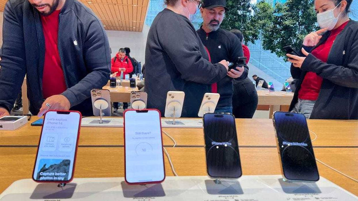 Apple iPhones are displayed at an Apple store on November 28, 2022 in Chicago, Illinois.