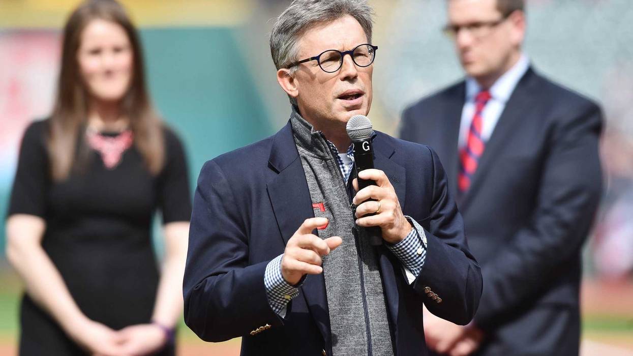 Apr 11, 2017; Cleveland, OH, USA; Cleveland Indians owner Paul Dolan speaks during the American League Championship ring ceremony before the opening day game between the Cleveland Indians and the Chicago White Sox at Progressive Field. Mandatory Credit: K