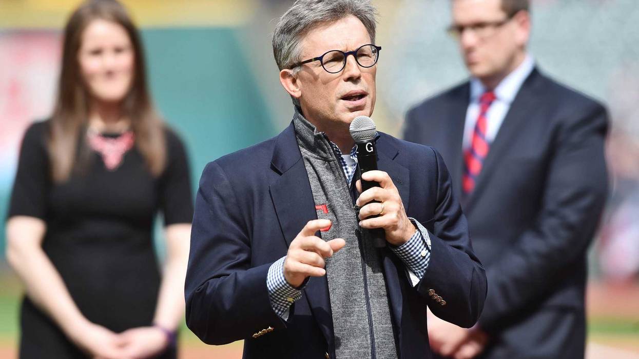 Apr 11, 2017; Cleveland, OH, USA; Cleveland Indians owner Paul Dolan speaks during the American League Championship ring ceremony before the opening day game between the Cleveland Indians and the Chicago White Sox at Progressive Field