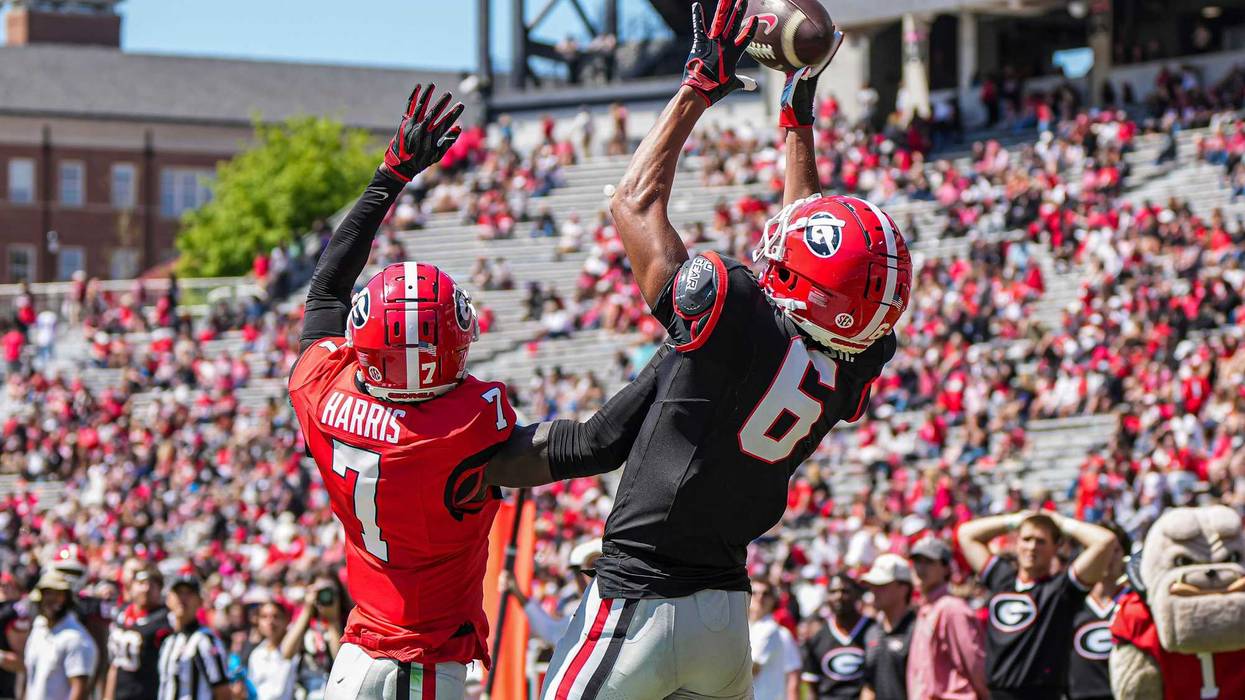 Apr 12, 2025; Athens, GA, USA; Georgia Bulldogs wide receiver CJ Wiley (6) tries to make a catch behind defensive back Daniel Harris (7) during the Georgia Spring game at Sanford Stadium. Mandatory Credit: Dale Zanine-Imagn Images