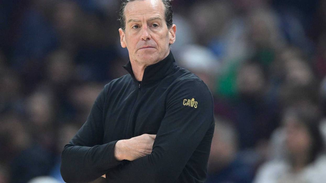 Apr 13, 2025; Cleveland, Ohio, USA; Cleveland Cavaliers head coach Kenny Atkinson stands on the court in the first quarter against the Indiana Pacers at Rocket Arena