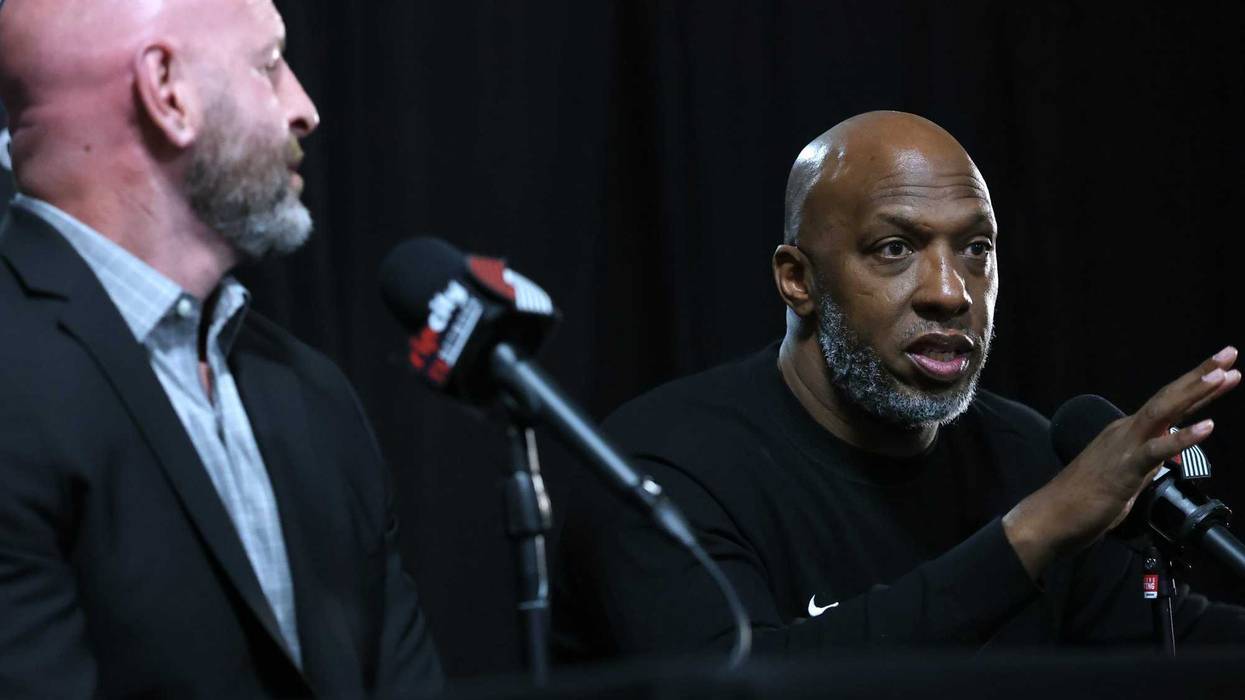 Apr 13, 2025; Portland, Oregon, USA; Portland Trail Blazers general manager Joe Cronin (left), listens to Trail Blazers’ head coach Chauncey Billups answer a question during a press conference before Portland plays their last season game against Los Angeles Lakers at Moda Center. Mandatory Credit: Jaime Valdez-Imagn Images
