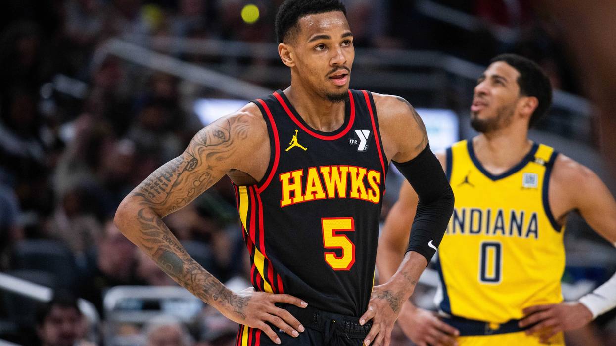 Apr 14, 2024; Indianapolis, Indiana, USA; Atlanta Hawks guard Dejounte Murray (5) in the first half against the Indiana Pacers at Gainbridge Fieldhouse. Mandatory Credit: Trevor Ruszkowski-USA TODAY Sports