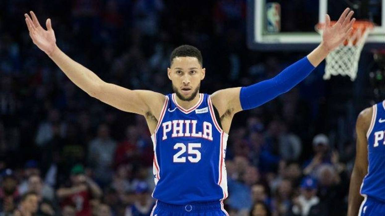 Apr 15, 2019; Philadelphia, PA, USA; Philadelphia 76ers guard Ben Simmons (25) reacts to the crowd after a score against the Brooklyn Nets during the first quarter in game two of the first round of the 2019 NBA Playoffs at Wells Fargo Center.