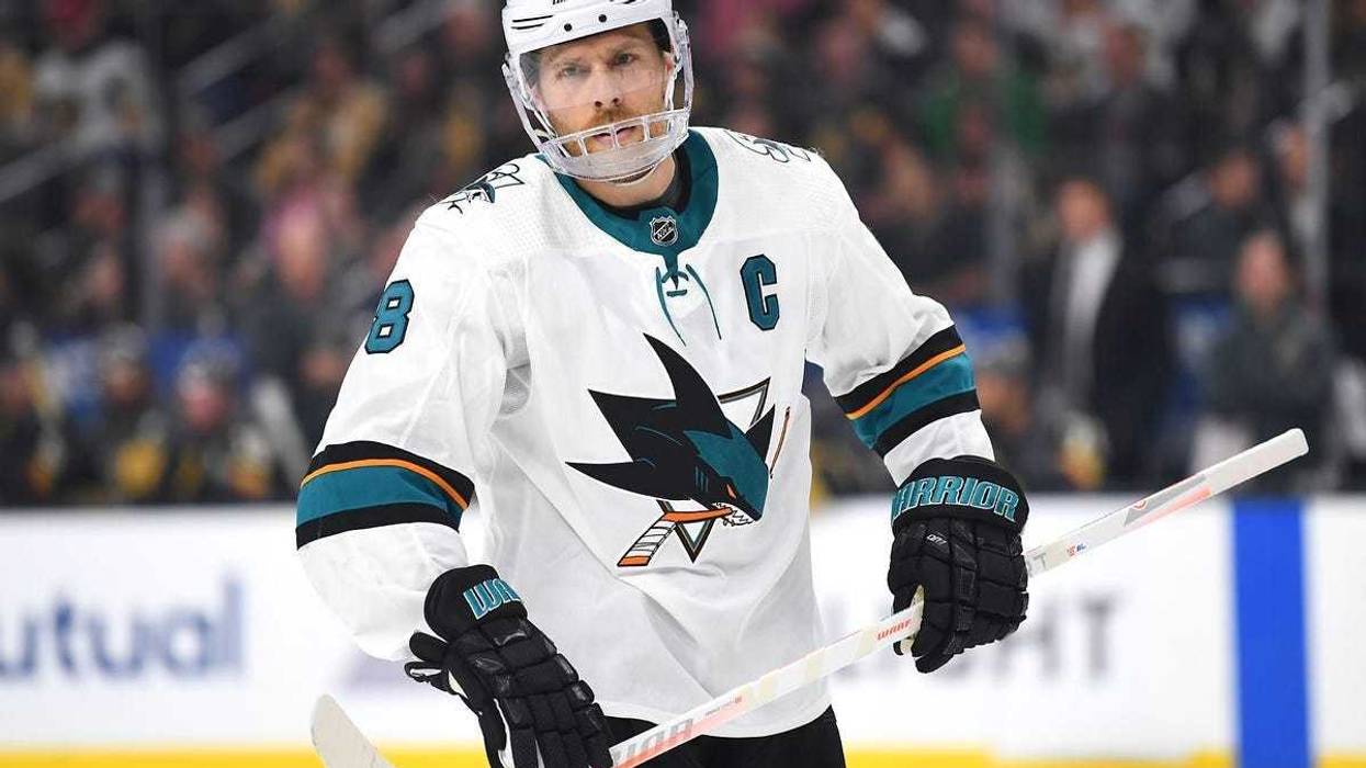 Apr 16, 2019; Las Vegas, NV, USA; San Jose Sharks center Joe Pavelski (8) in action during the second period against the Vegas Golden Knights in game four of the first round of the 2019 Stanley Cup Playoffs at T-Mobile Arena